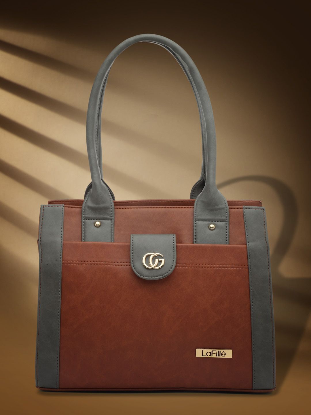 

LaFille Colourblocked PU Structured Handheld Bag with Applique, Rust