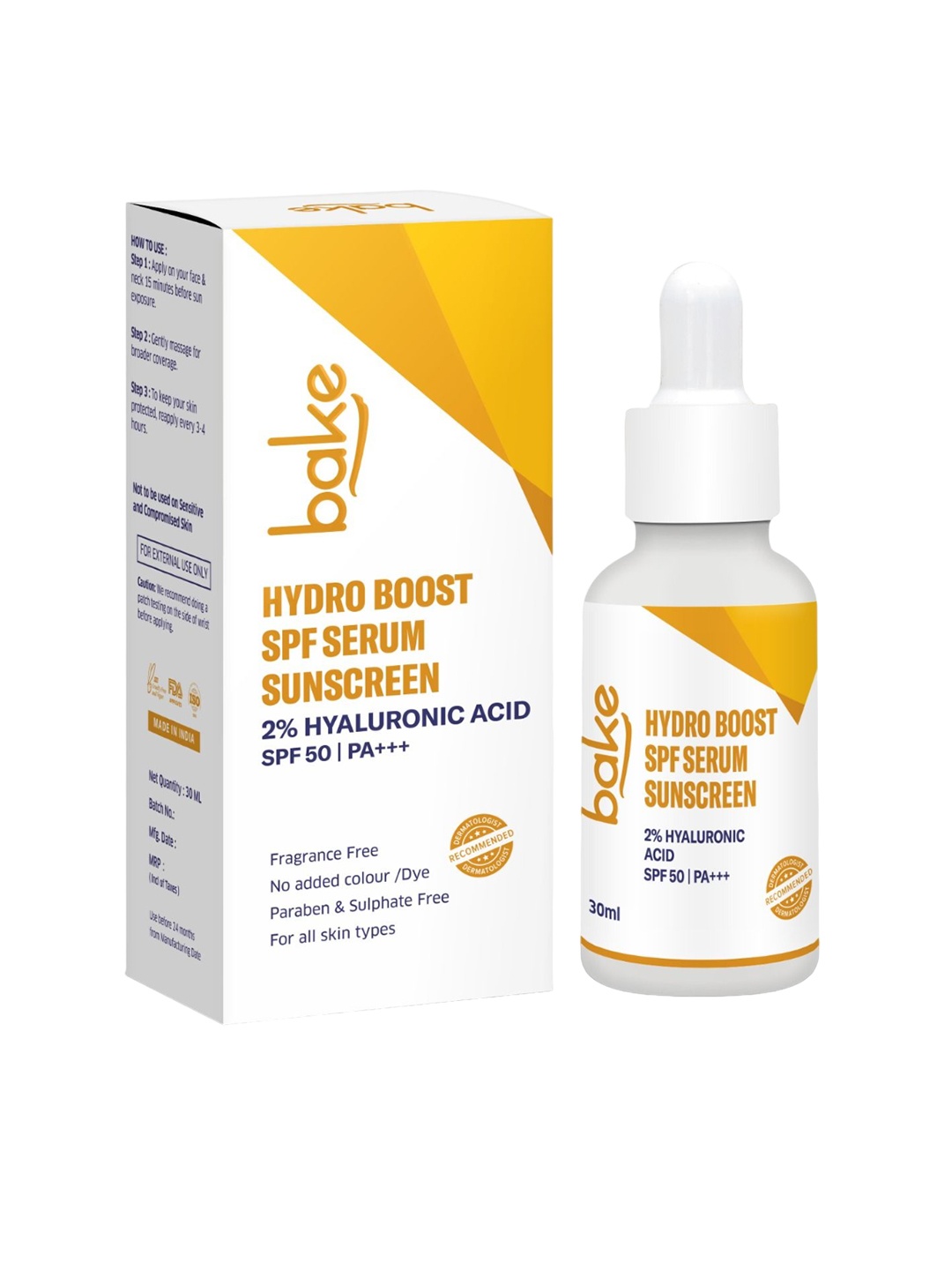 

BAKE Hyaluronic Acid Serum with SPF 50 PA+++ for Hydration & Sun Protection- 30ml, White