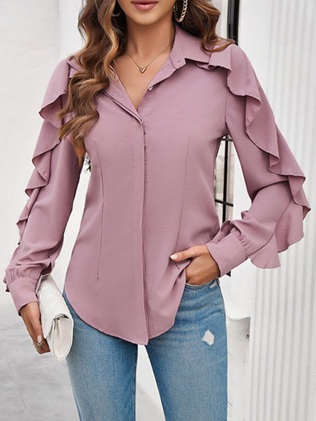 

StyleCast Women Solid Shirt Collar Top, Pink