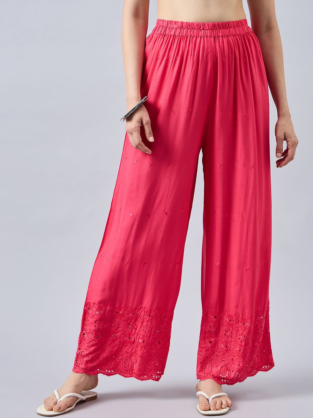 

THE PAJAMA FACTORY Women Embroidered Wide Leg Palazzos, Pink