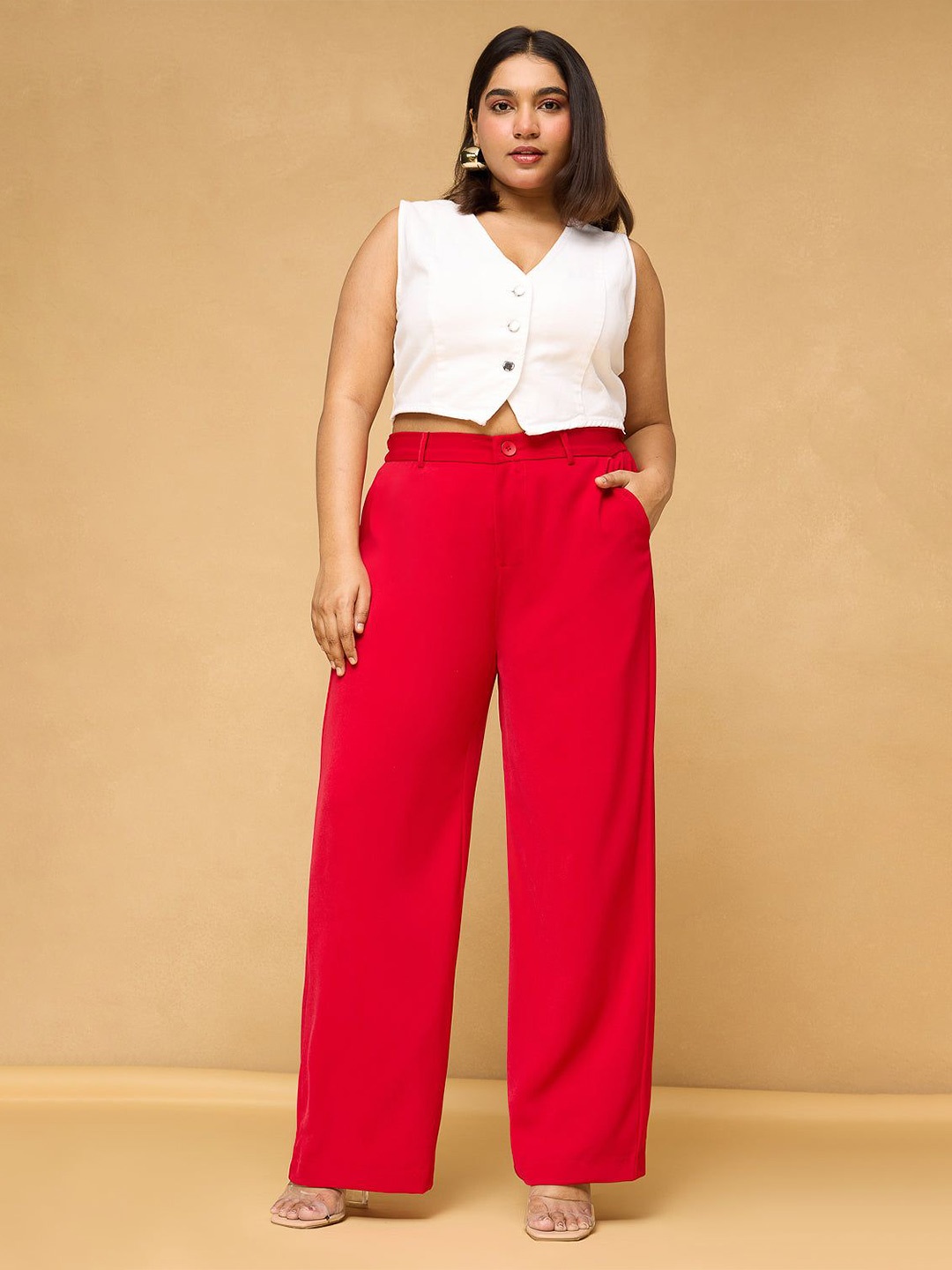 

FREAKINS Curve Red Sleek Korean Pants
