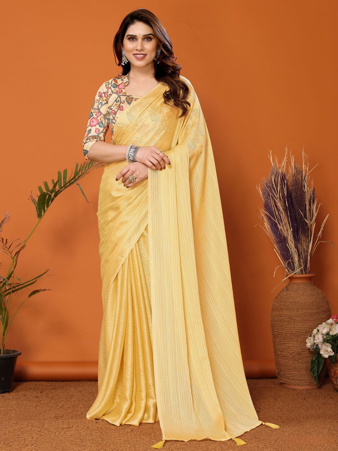 

ODETTE Solid Saree With Unstitched Blouse, Yellow