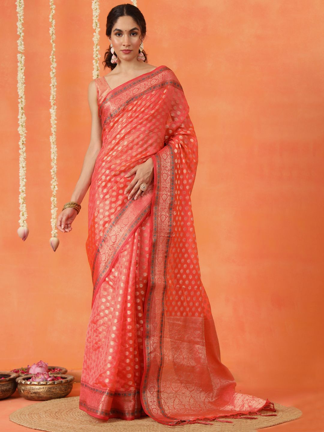 

Tikhi Imli Ethnic Motifs Zari Saree, Peach