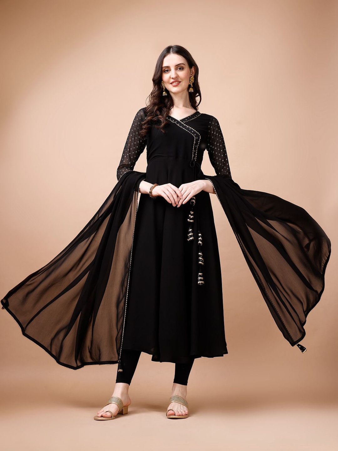 

TextileNow V Neck Thread Work Georgette Kurta, Black