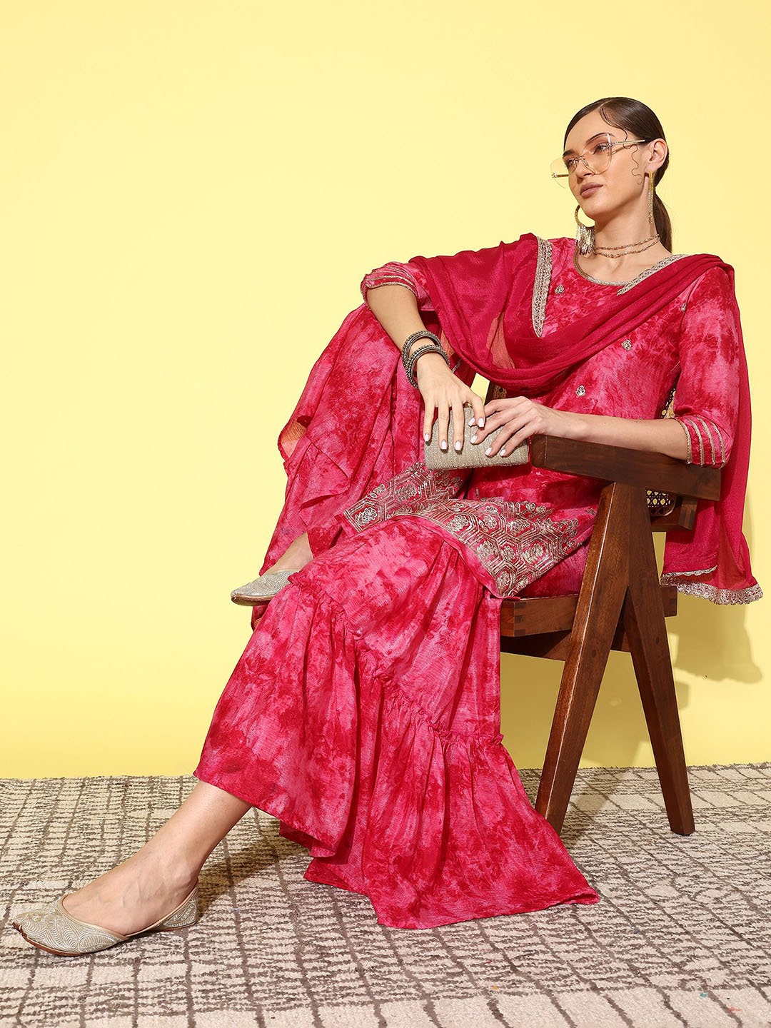 

Indo Era Ombre Dyed Sequinned Round Neck Straight Kurta With Sharara & Dupatta, Pink