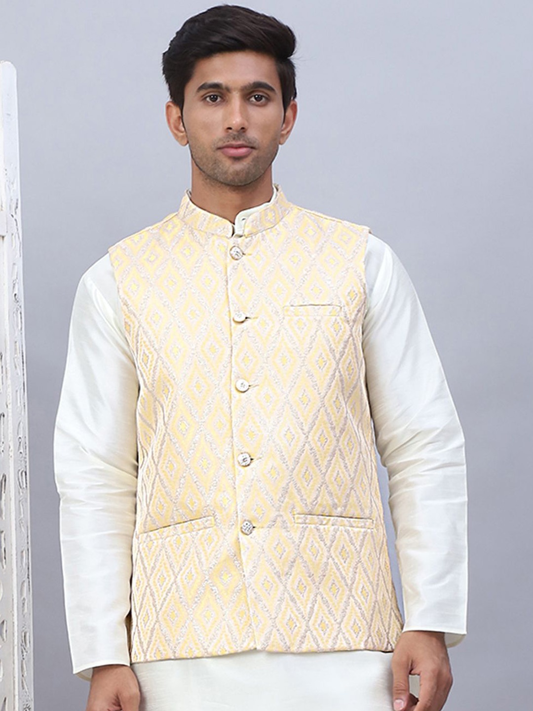 

Jompers Embossed Nehru Jackets, Yellow