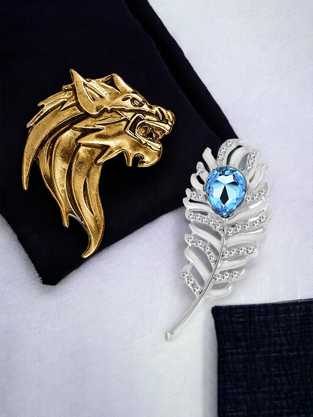 

Okos Set Of 2 Men Gold-Plated Roaring Lion and Peacock Feather Lapel Pin Brooch, Silver