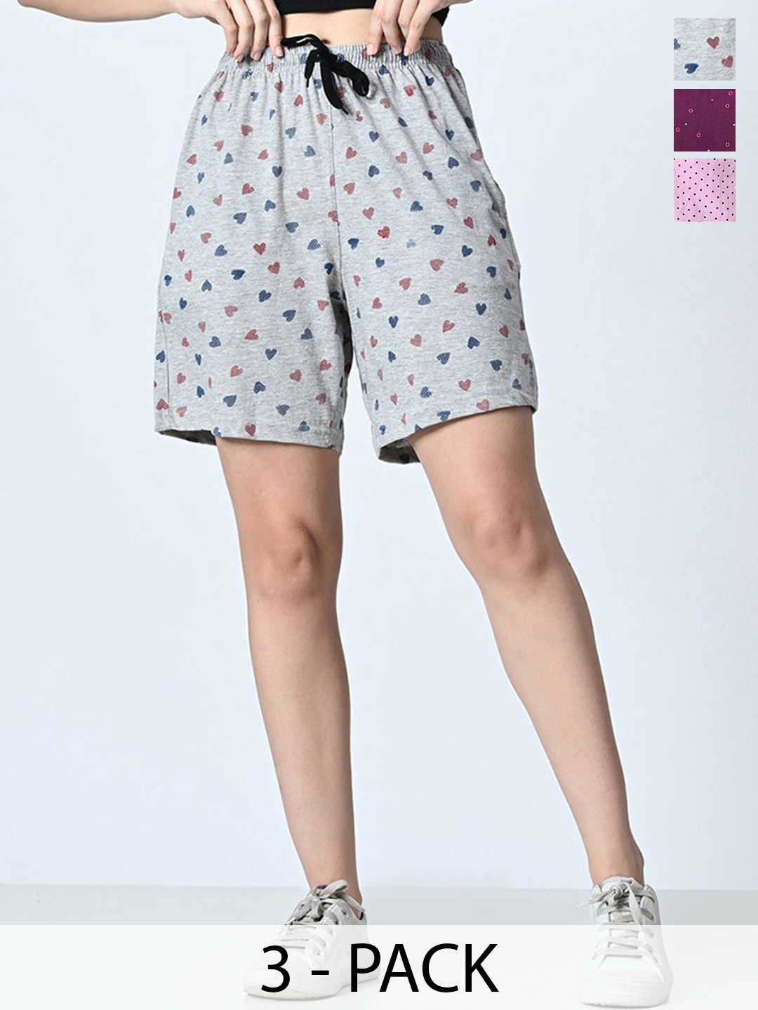 

BAESD Pack Of 3 Women Printed High-Rise Pure Cotton Shorts, Grey