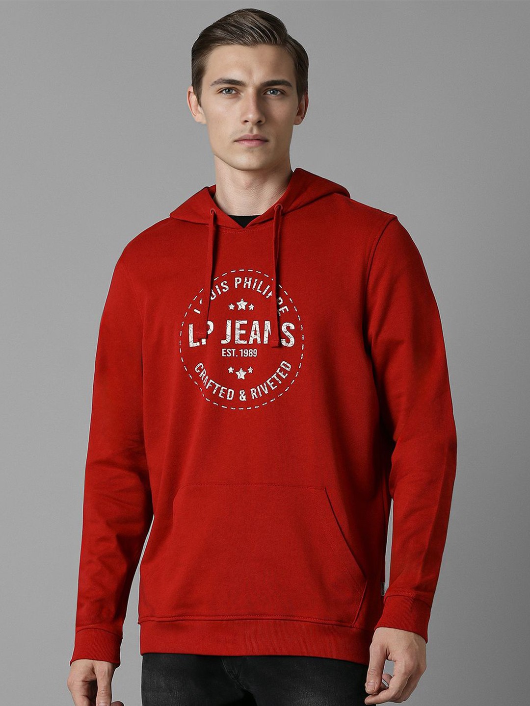 

Louis Philippe Jeans Men Brand Logo Printed Cotton Hooded Sweatshirt, Red