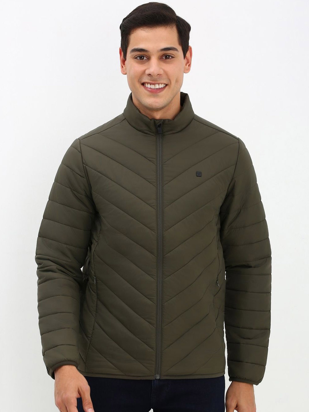 

Allen Solly Men Solid Mock Collar Quilted Jacket, Olive