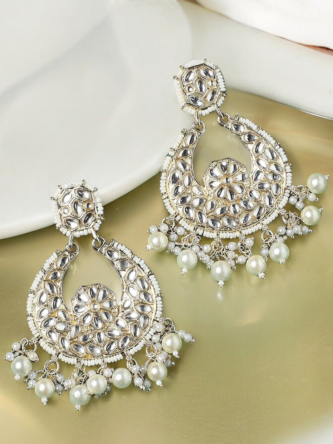 

Anouk Gold-Toned Kundan Studded & Pearls Beaded Crescent Shaped Chandbalis