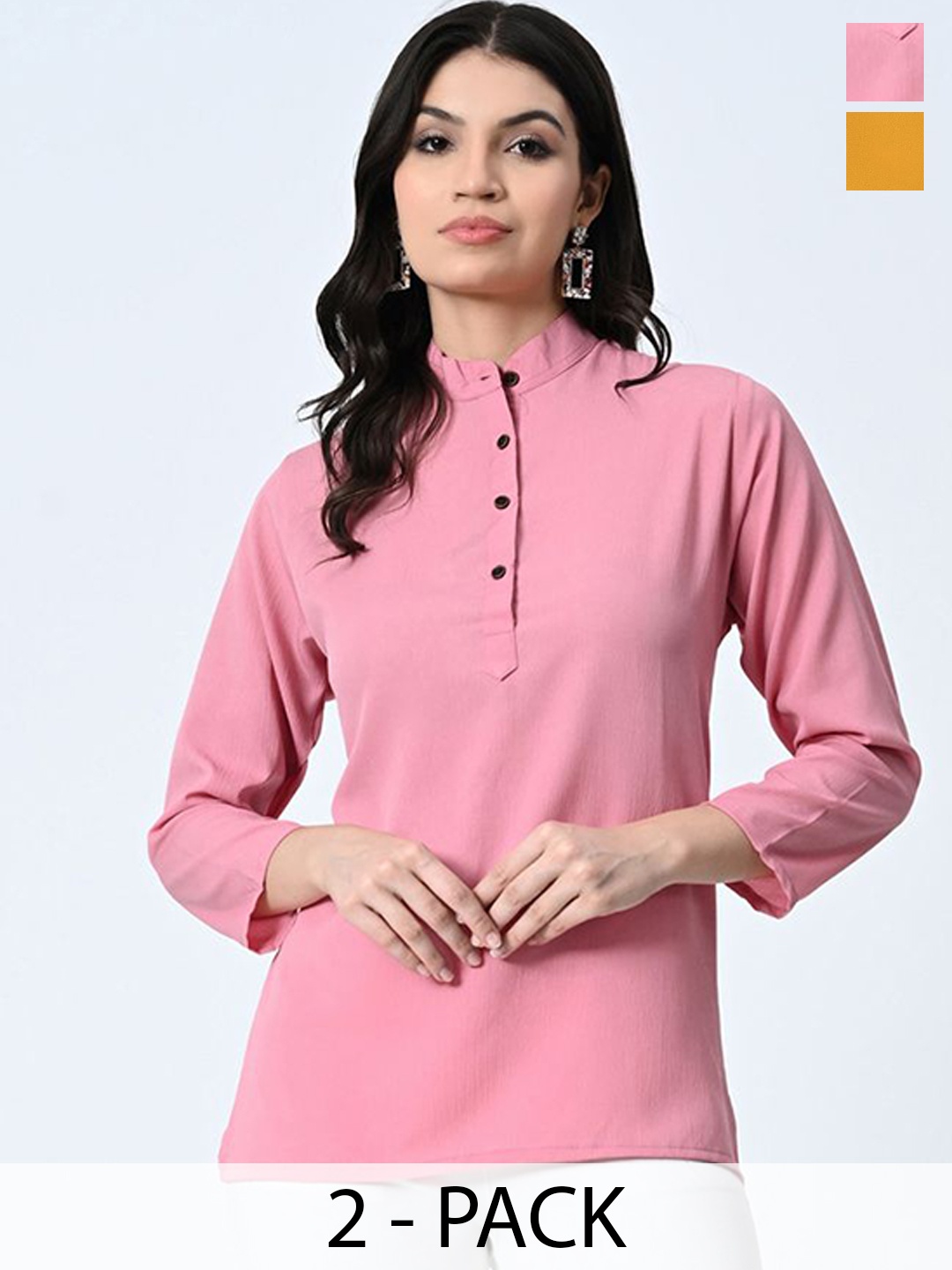 

BAESD Pack of 2 Mandarin Collar Crepe Straight Top, Pink