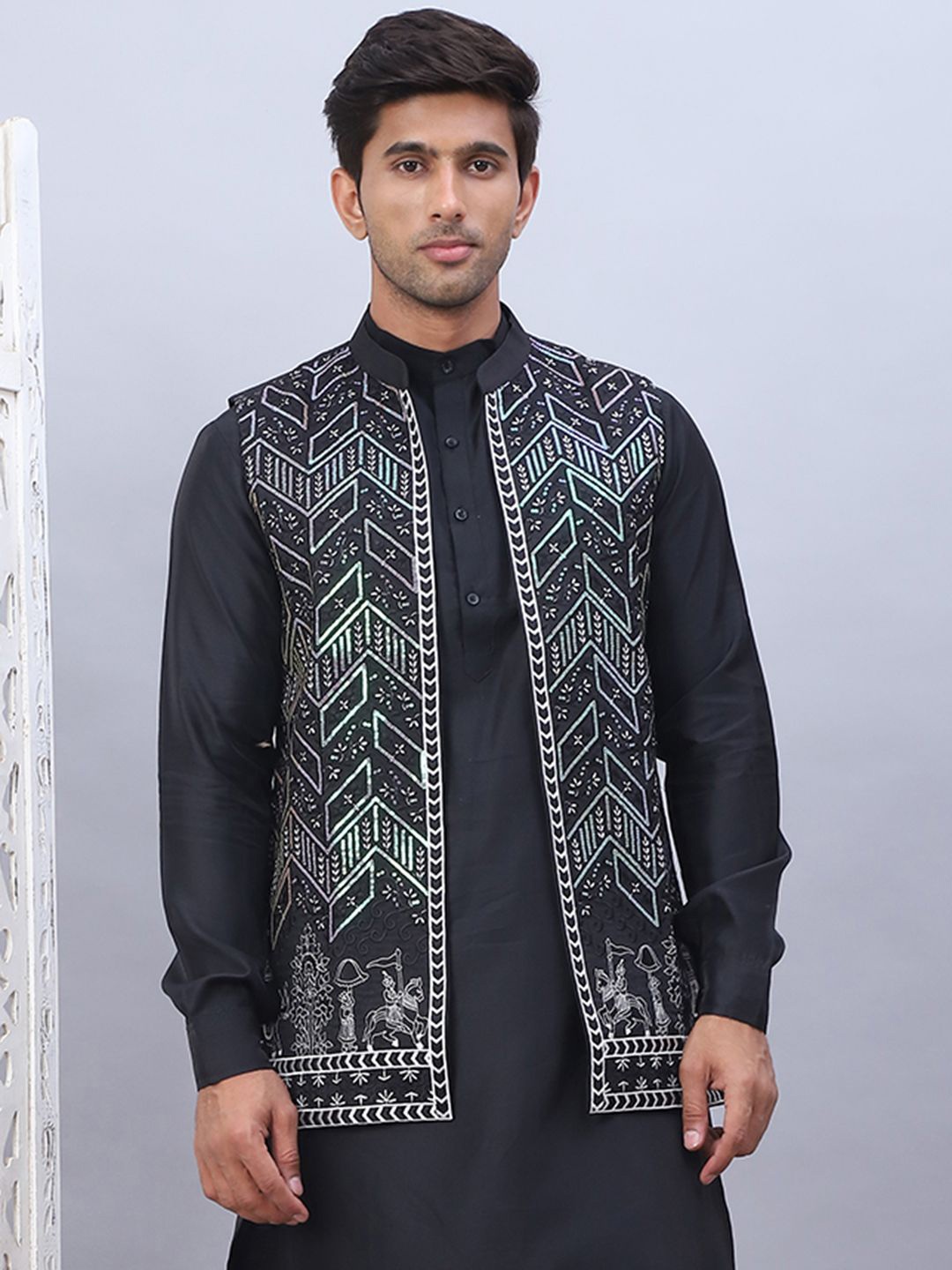 

Jompers Embroidered Nehru Jackets, Black