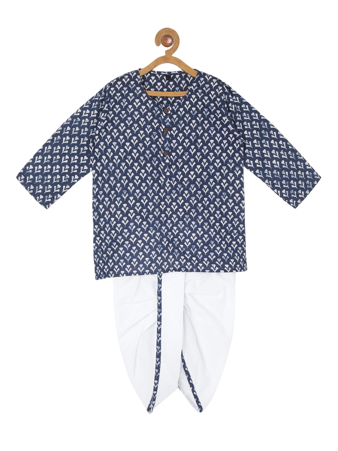 

CHAYIM Kids Ethnic Motifs Printed V-Neck Straight Kurta With Dhoti Pants, Blue