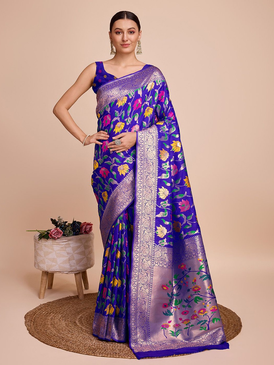 

bansari textiles Woven Design Floral Zari Paithani Saree, Blue