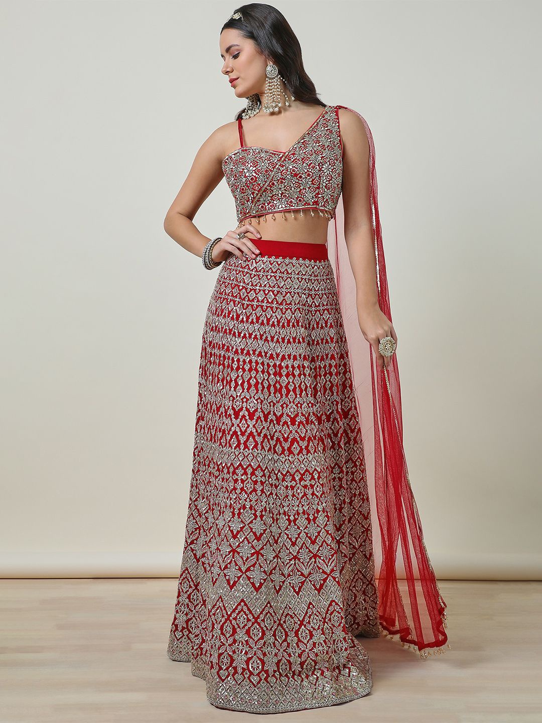 

Soch Embellished Mirror Work Ready to Wear Lehenga & Blouse With Dupatta, Red