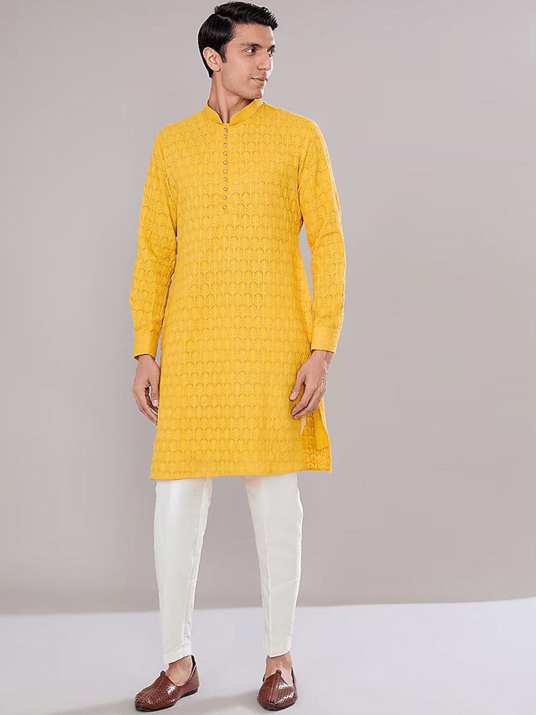 

RNG Safawala Ethnic Motifs Embroidered Thread Work Raw Silk Straight Kurta with Trousers, Mustard