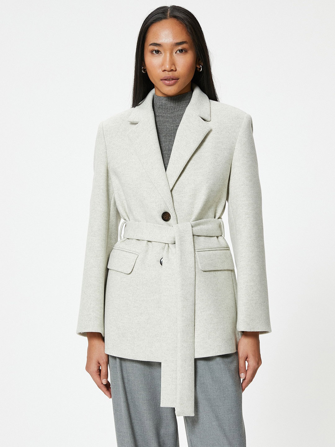 

Koton Women Solid Lapel Collar Tailored Jacket, Grey