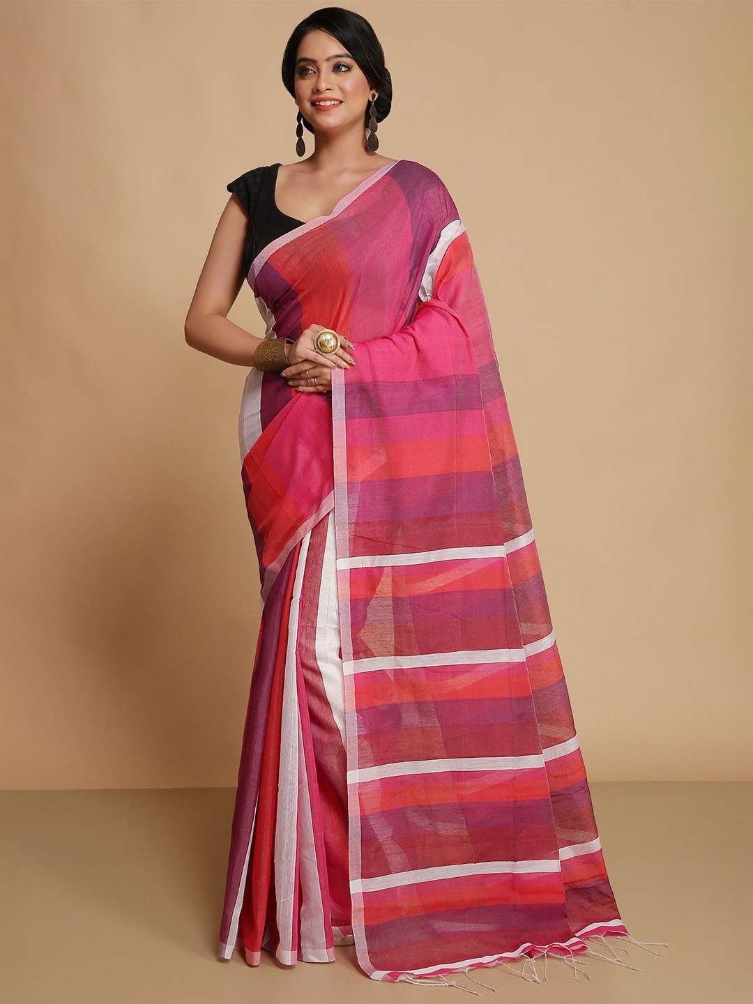 

WoodenTant Striped Silk Cotton Saree, Red