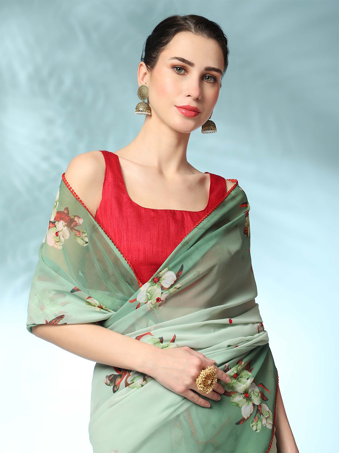 

VAMSEE Embellished Mirror Work Organza Saree, Fluorescent green