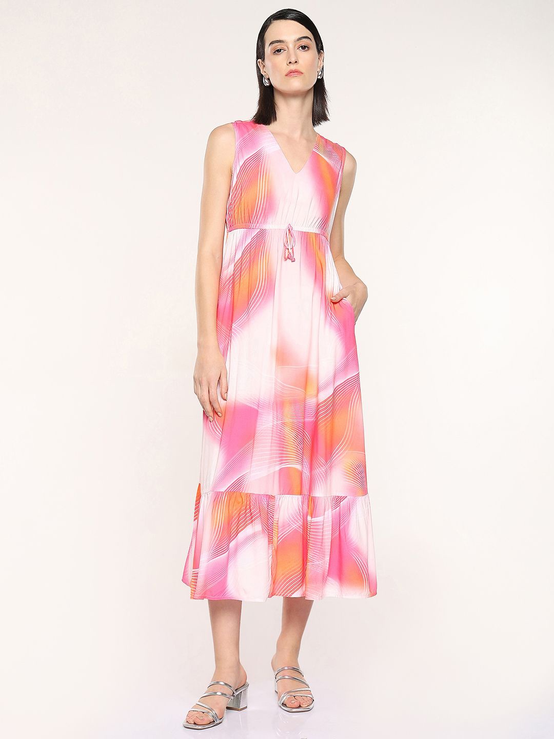 

RAREISM Tie and Dye Sleeveless A-Line Midi Dress, Pink