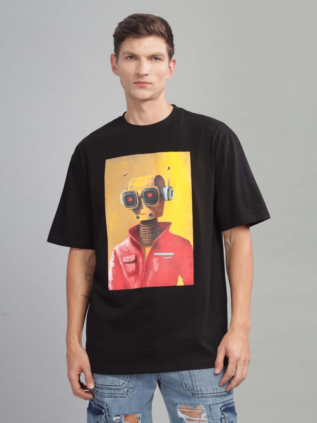 

TOMHIDDLE Men Graphic Printed Round Neck Cotton Oversized T-Shirt, Black