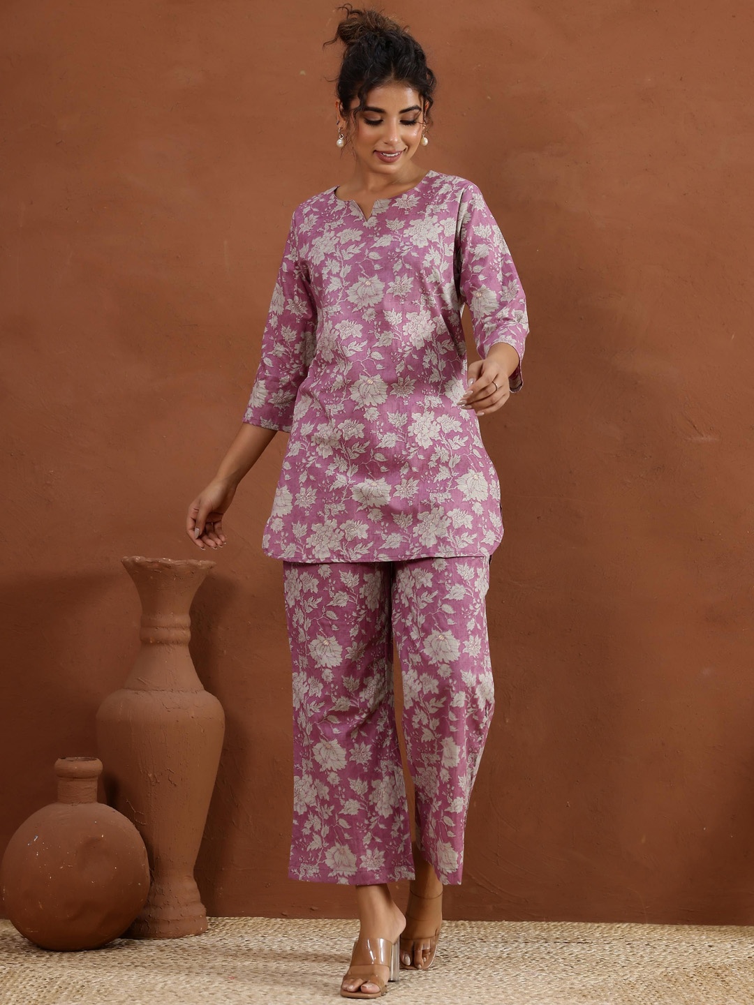 

FLAVIA CREATION Printed Pure Cotton Three Quarter Sleeve Tunic & Trouser, Pink