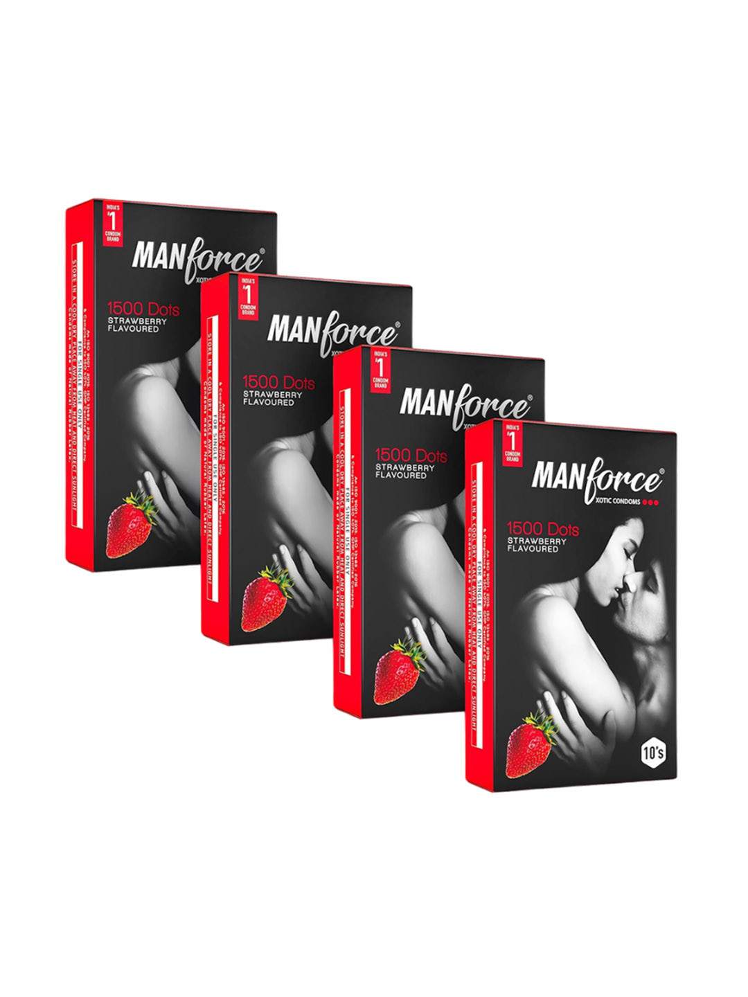 

Manforce Set Of 4 Xotic Strawberry Flavoured Condoms- 10 Pcs Each, Black