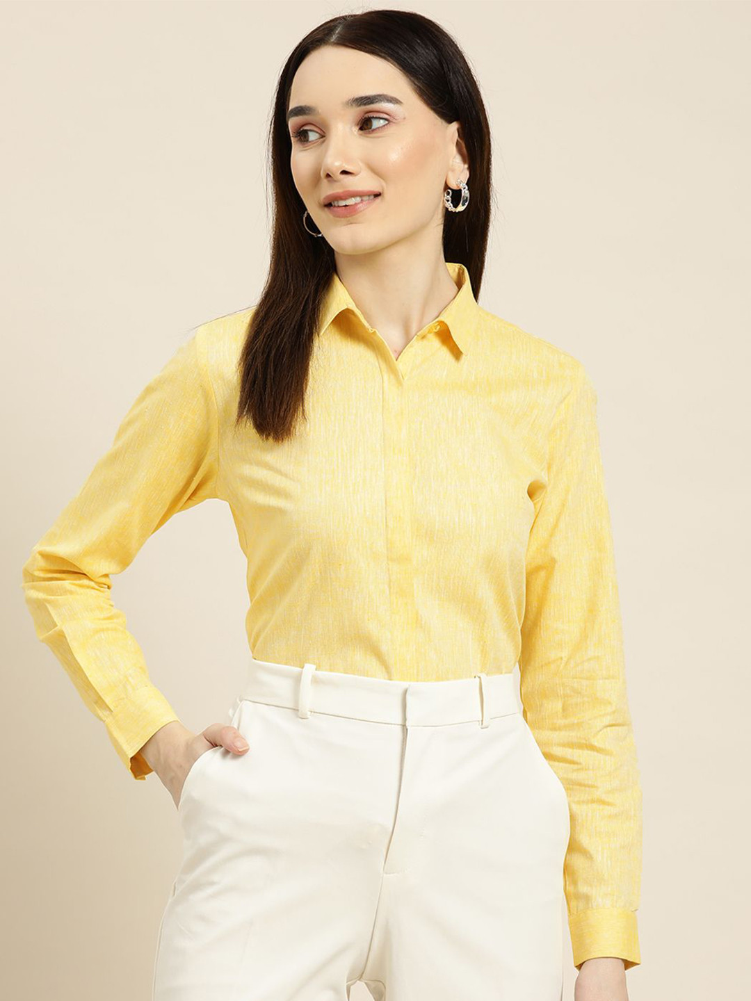 

Hancock Women Spread Collar Solid Slim Fit Formal Shirt, Lime green