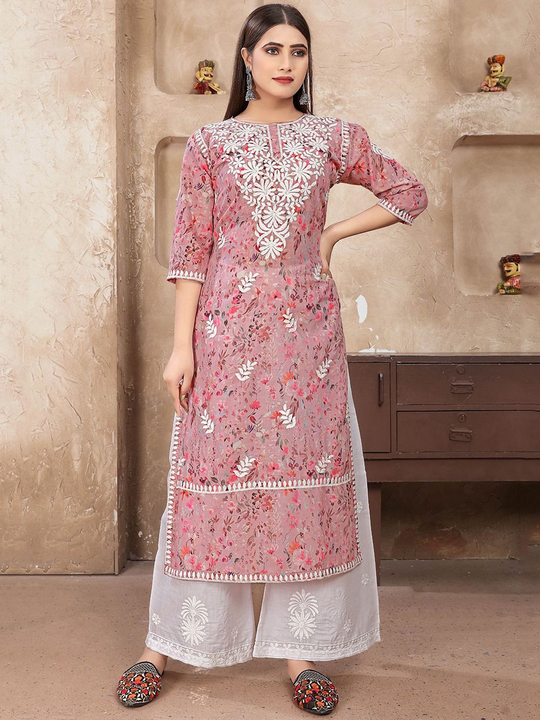 

Lilots Ethnic Motifs Printed Chikankari Pure Cotton Straight Kurta With Salwar, Pink