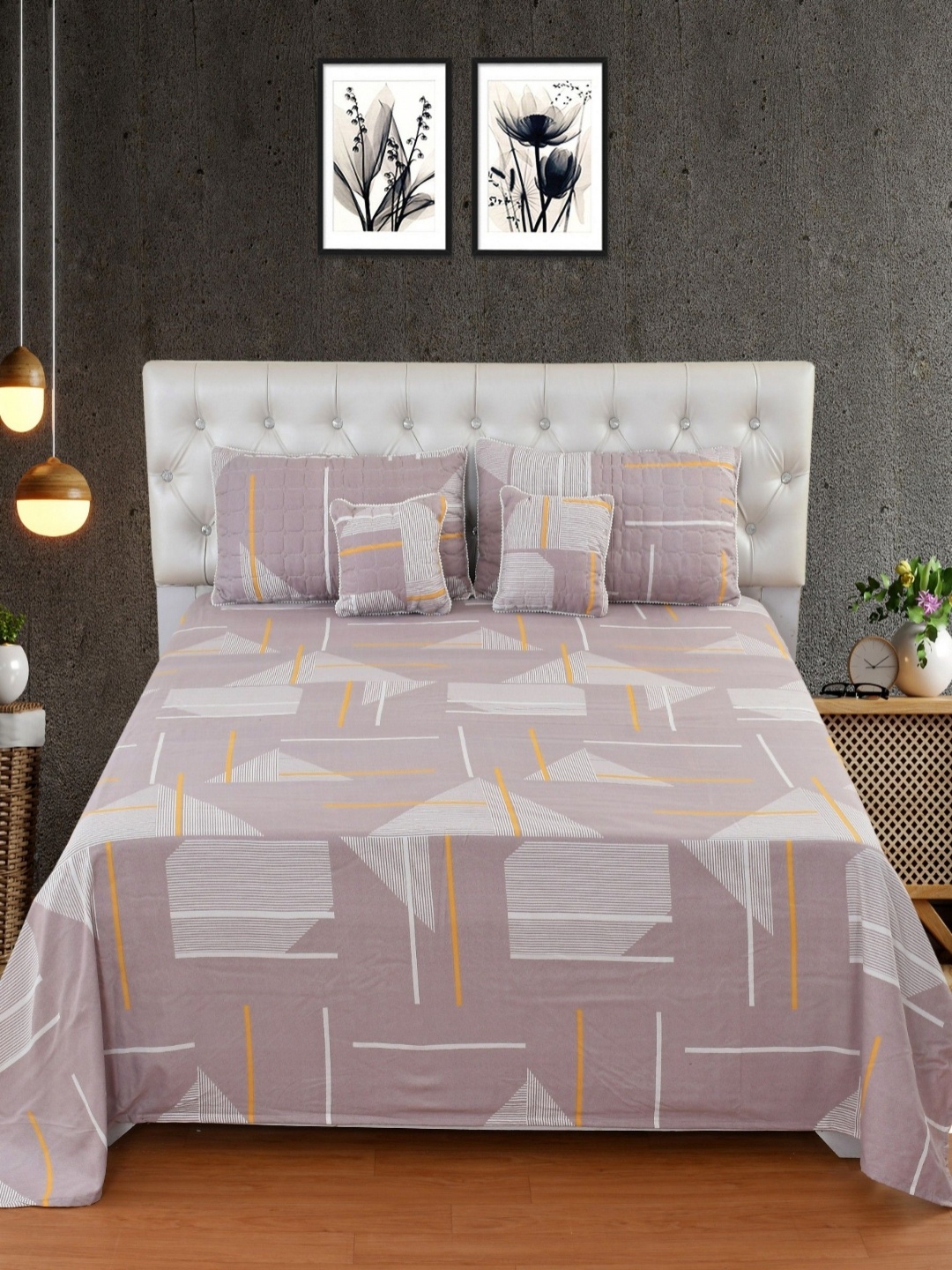 

BREVARD Brown 5 Pieces Geometric Cotton Double King Regular Bedding Set