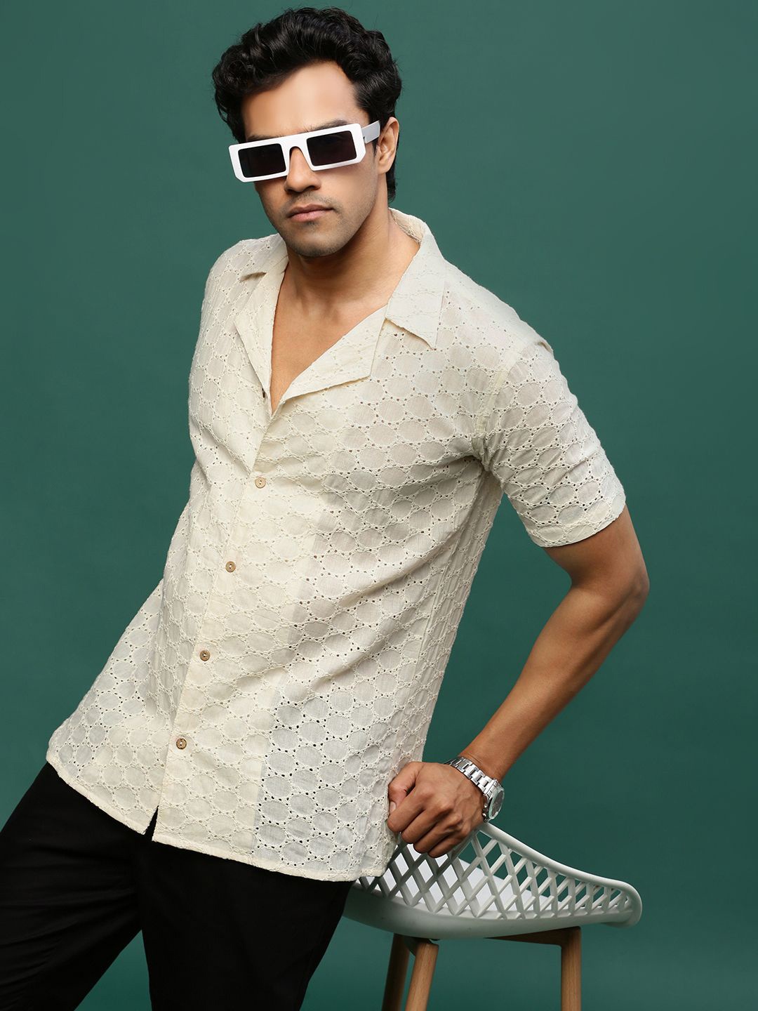 

Sangria Men Modern Cuban Collar Self Design Cotton Casual Shirt, Cream