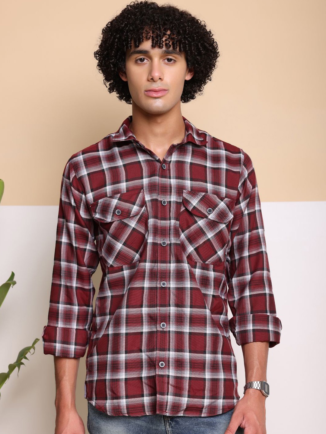 

FILO HEVIS Spread Collar Double Pocket Cotton Check Shirt, Red