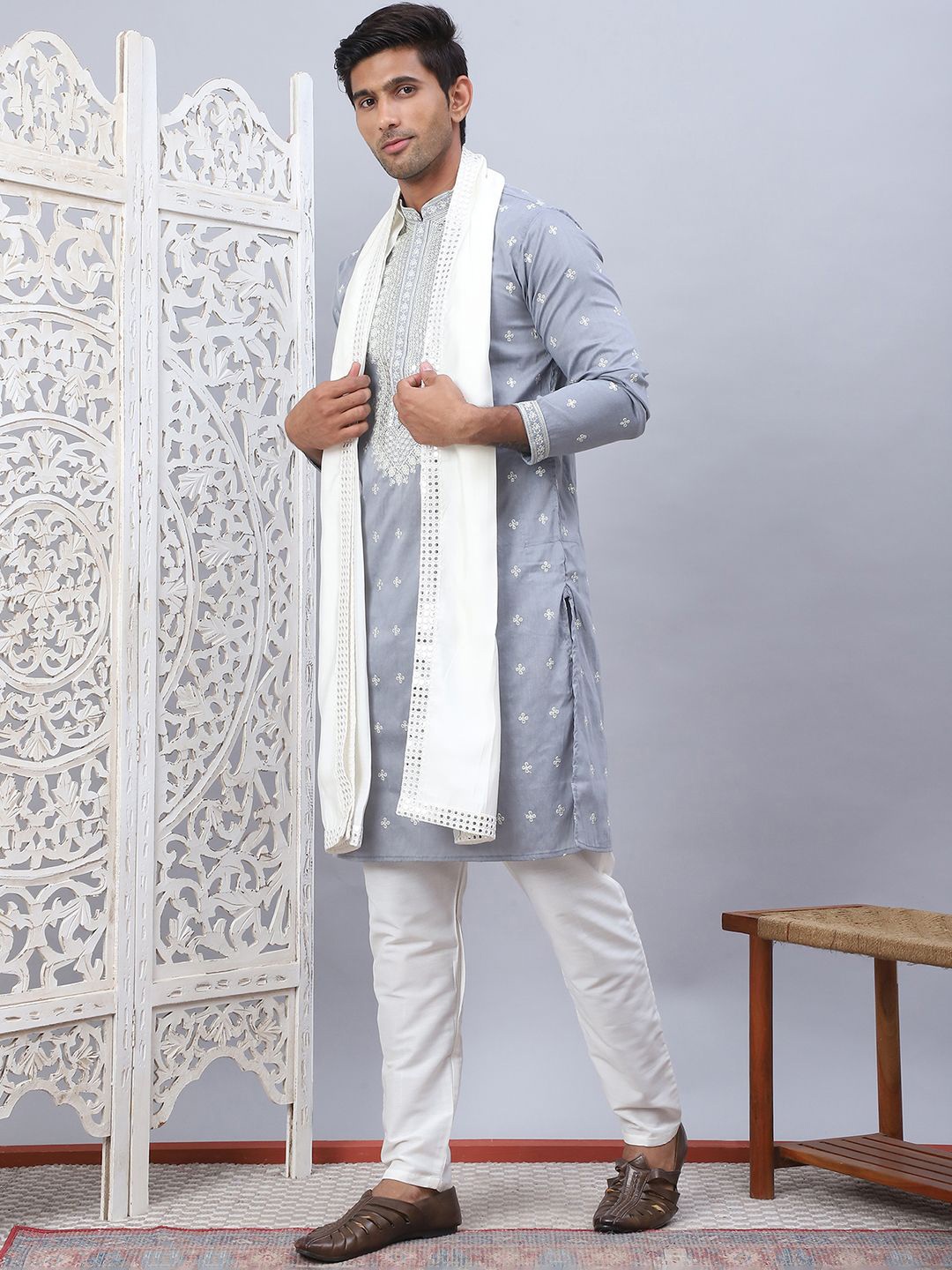 

Jompers Ethnic Motifs Embroidered Sequinned Cotton Silk Kurta with Pyjamas & Dupatta, Grey