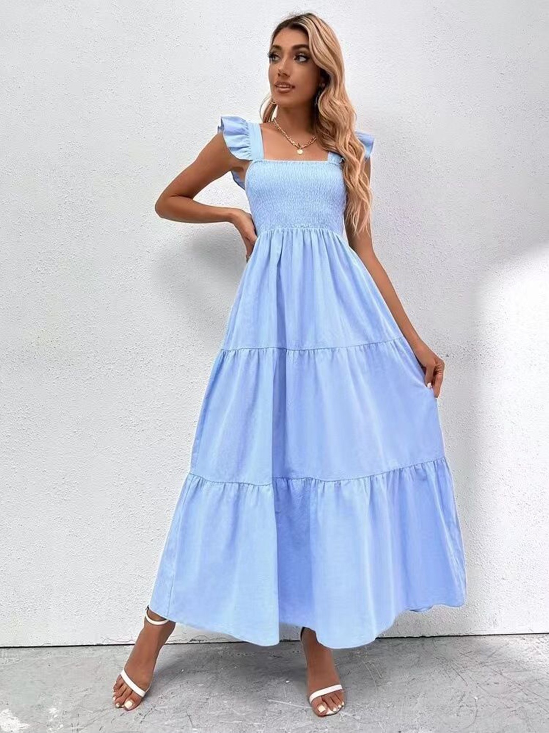 

StyleCast x Revolte Solid Smocked A-Line Maxi Dress, Blue