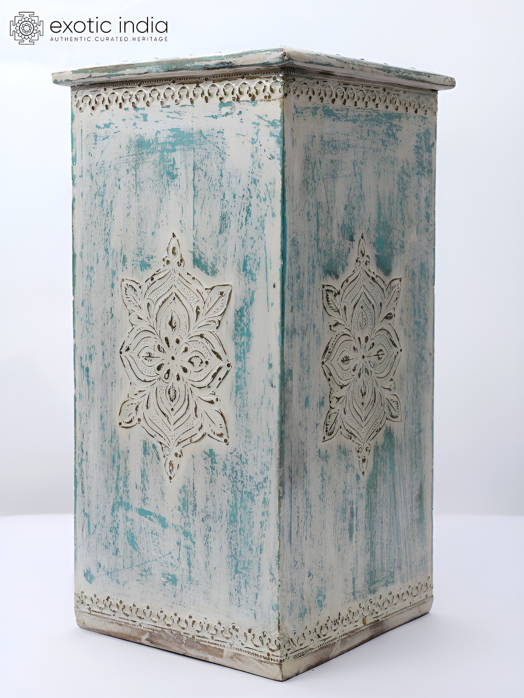 

Exotic India 15" Designer Wooden Planter with Brass Floral Work - Home Altar Decor, White