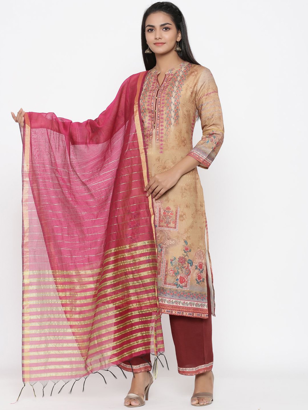 

Anouk Floral Printed Band Collar Regular Pure Silk Straight Kurta with Palazzos & Dupatta, Beige
