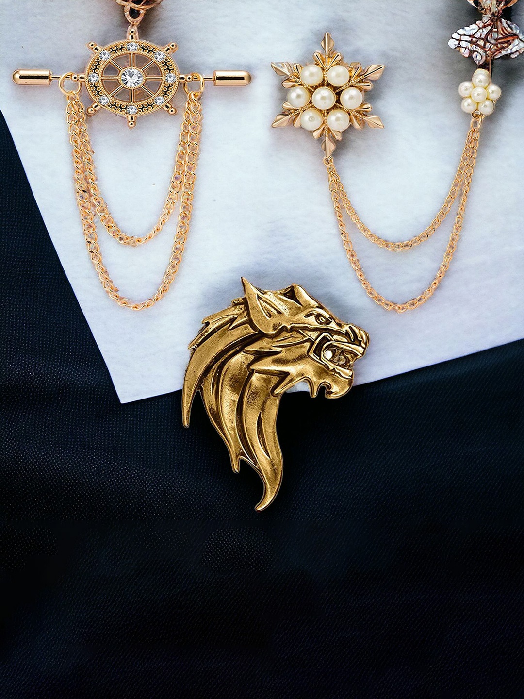 

Okos Men Set Of 3 Indo Western Brooches, Gold