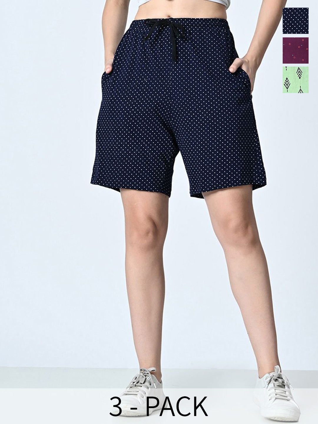 

BAESD Women Pack of 3 Printed Pure Cotton High-Rise Regular fit Shorts, Navy blue