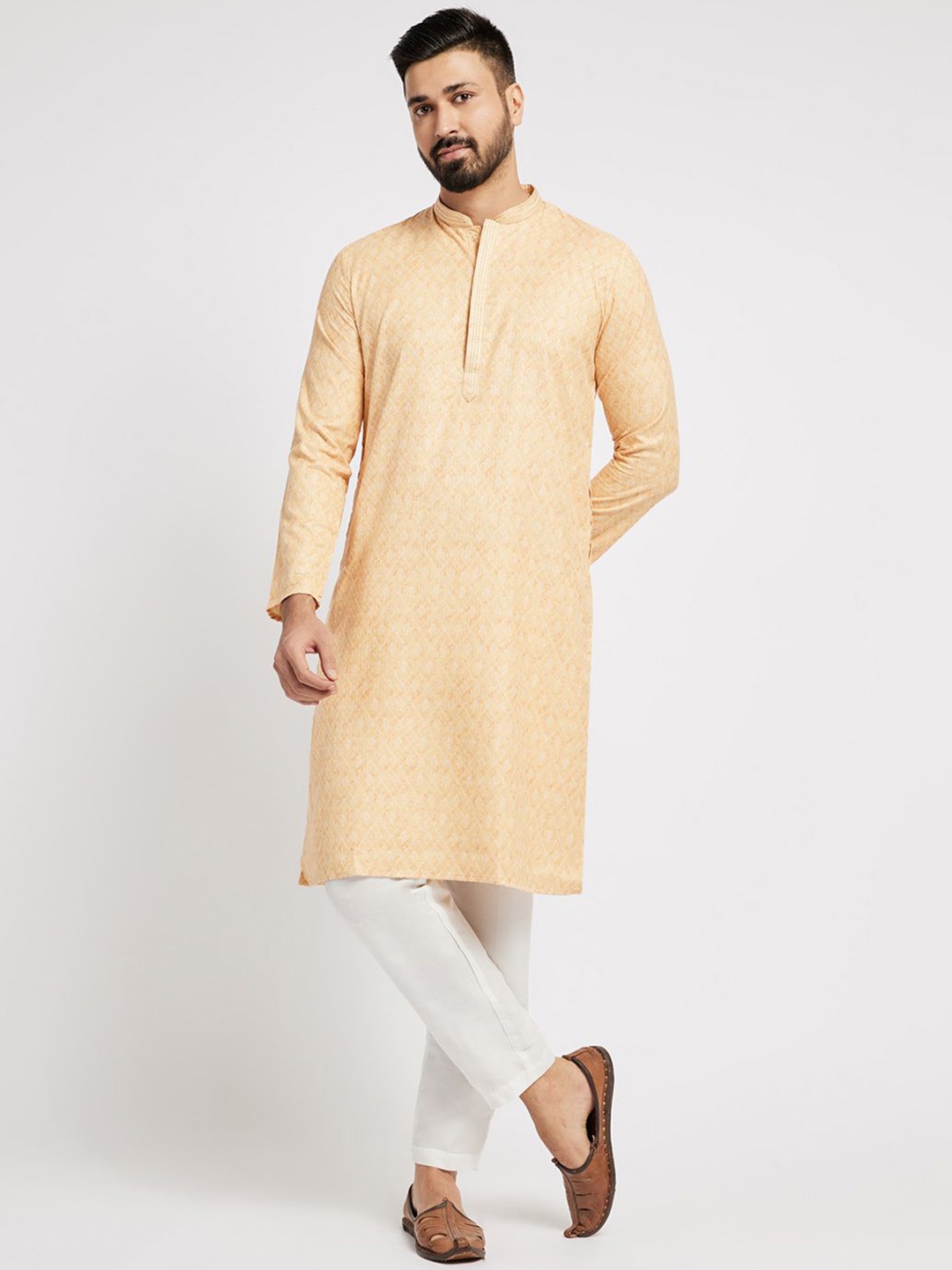 

Ethnic India Abstract Printed Thread Work Mandarin Collar Straight Kurta, Yellow