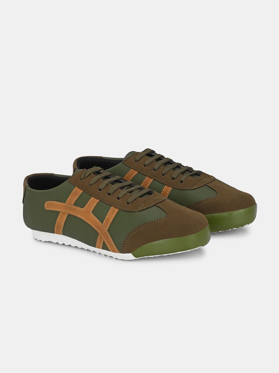 

LeatherKraft Men Colourblocked Lace-Up Sneakers, Olive
