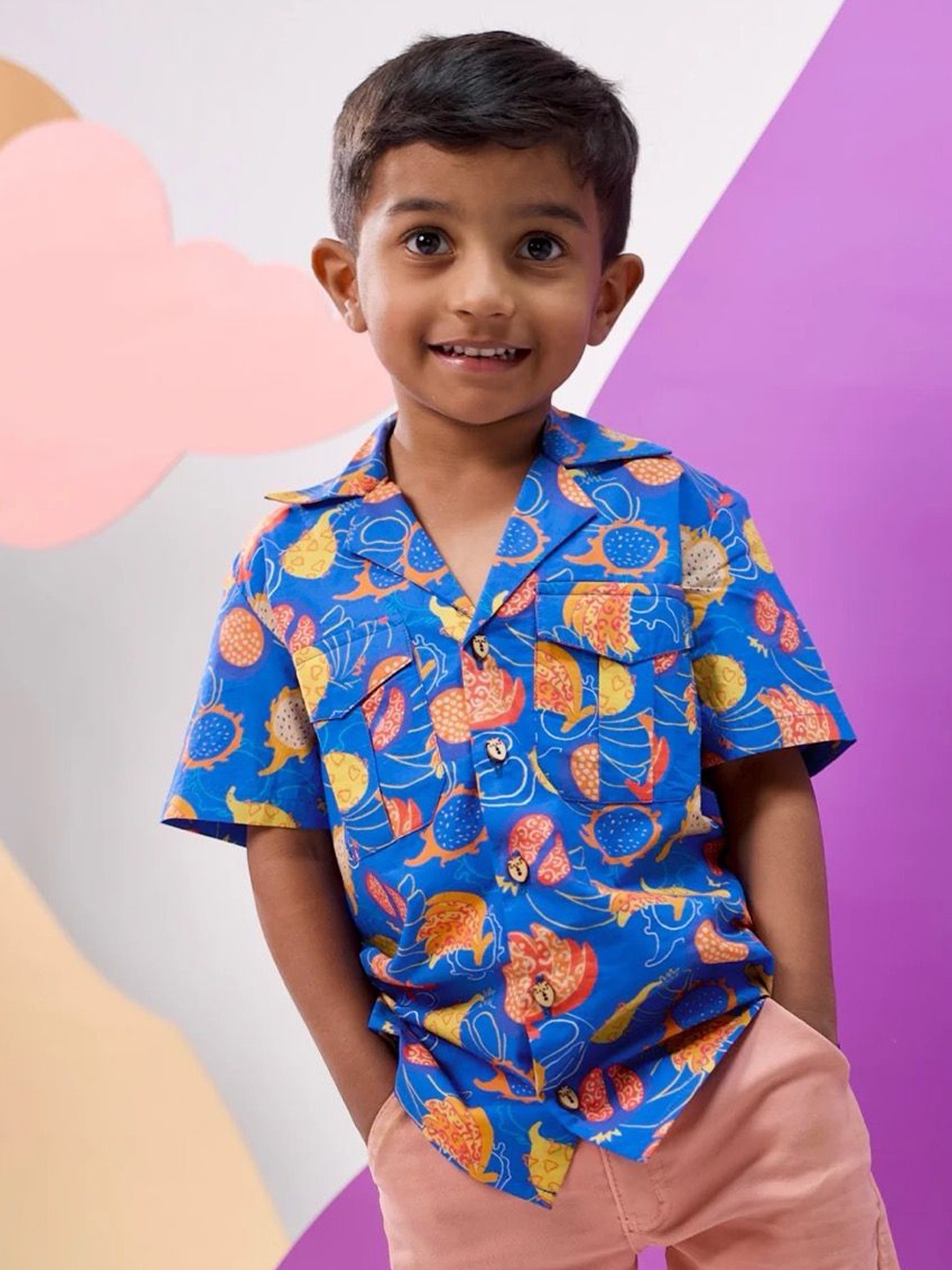 

Miko Lolo Boys Classic Geometric Printed Cuban Collar Casual Shirt, Blue