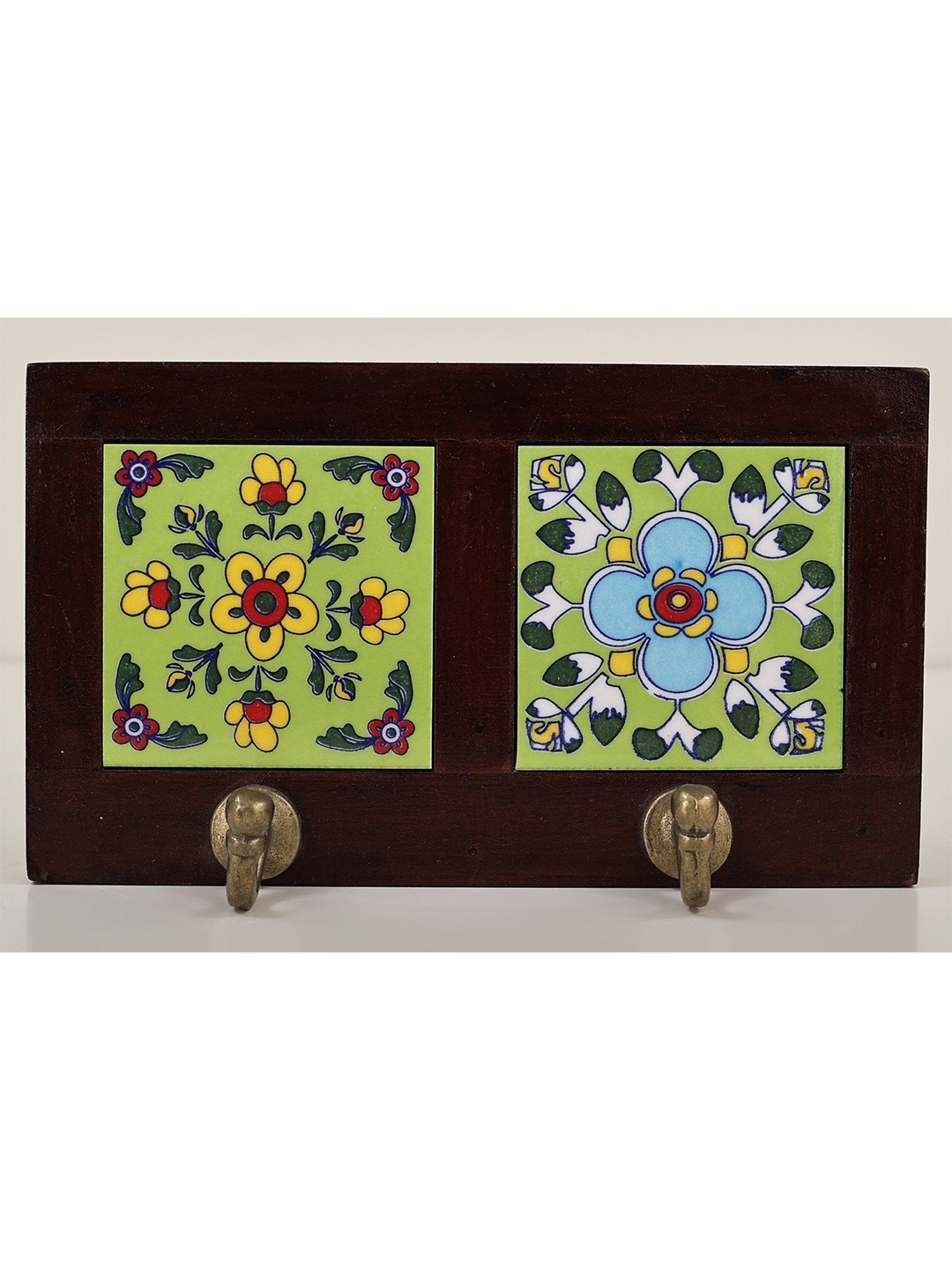 

Exotic India 8" Decorative 2 Hooks Brown Wooden Key Holder (Wood, Brass and Ceramic Tiles), Green