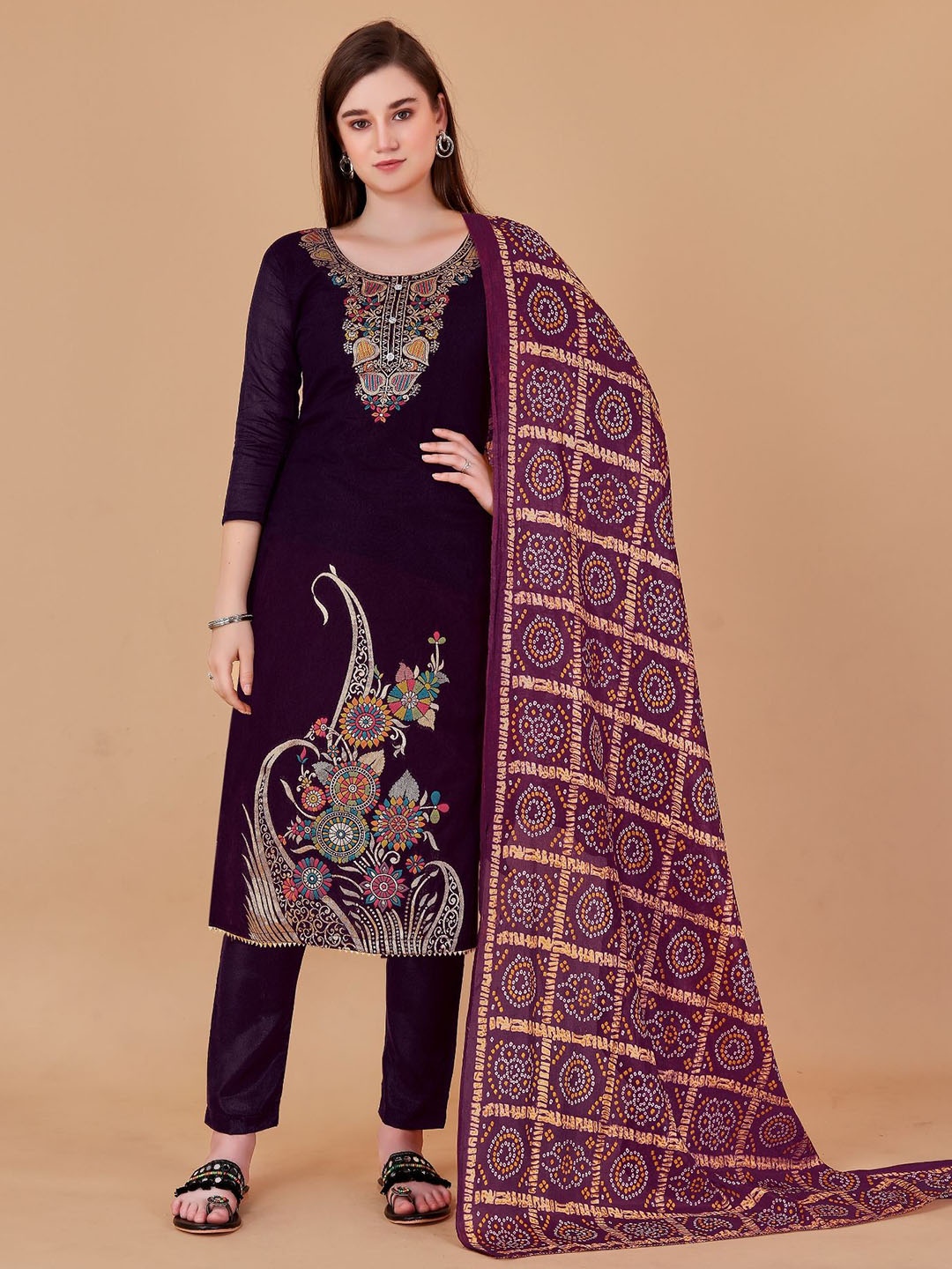 

JULEE Embroidered Unstitched Dress Material, Brown