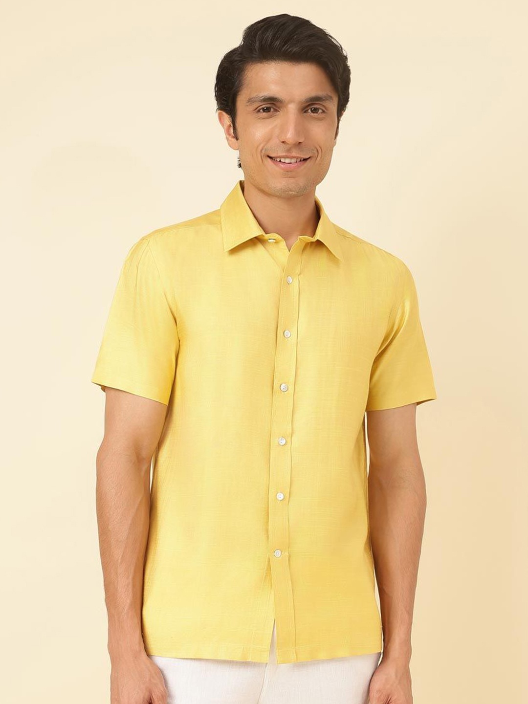 

Fabindia Men Straight Solid Spread Collar Casual Shirt, Yellow