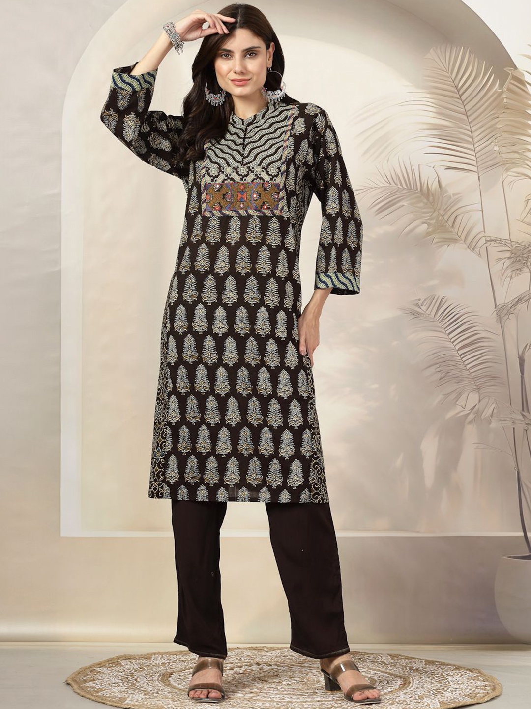 

Nayam By Lakshita Floral Printed A Line Kurta with Trousers, Brown