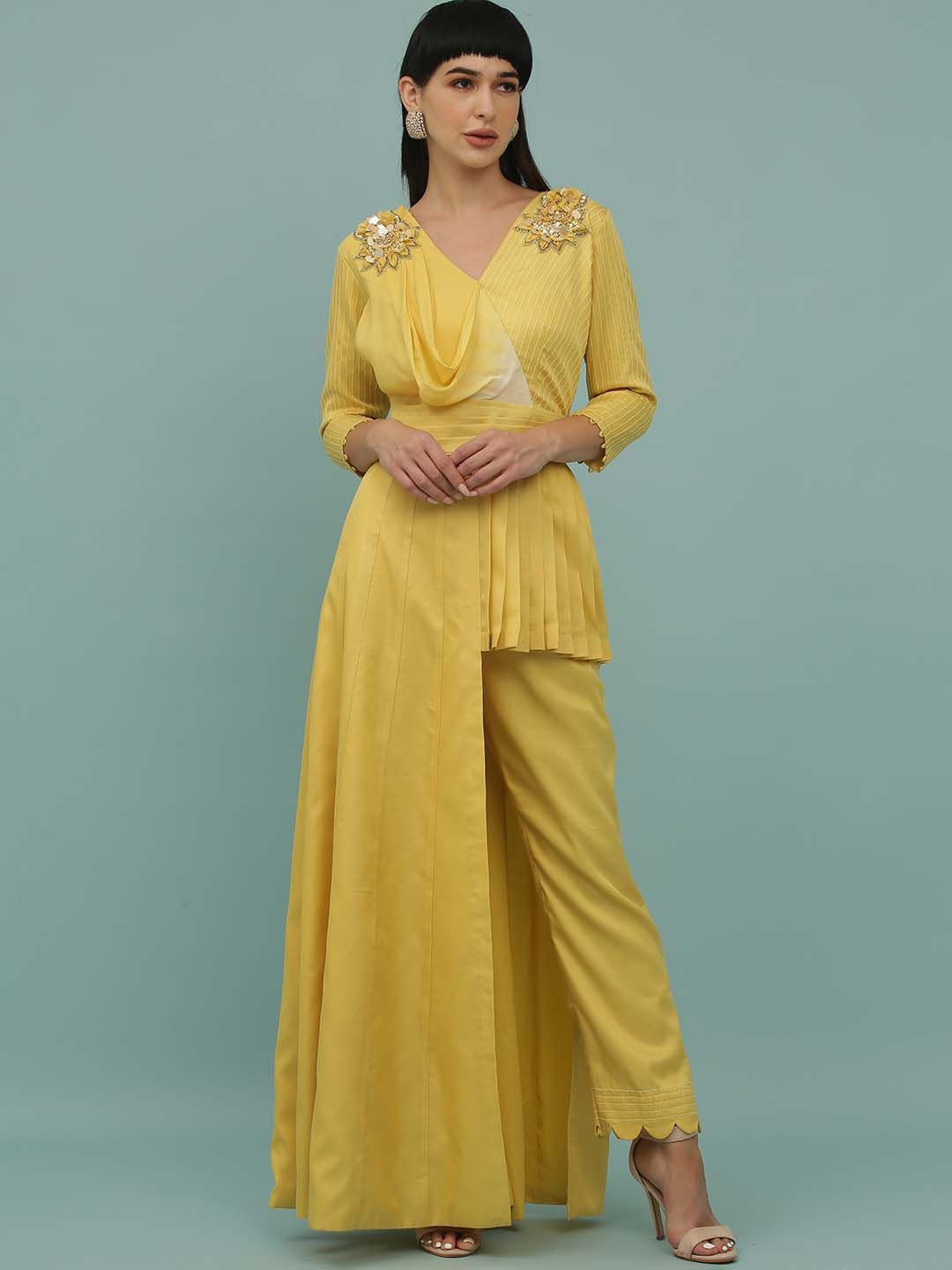 

Sejal Kamdar Embellished Pleated V-Neck Assymetric Party Top With Trousers, Yellow