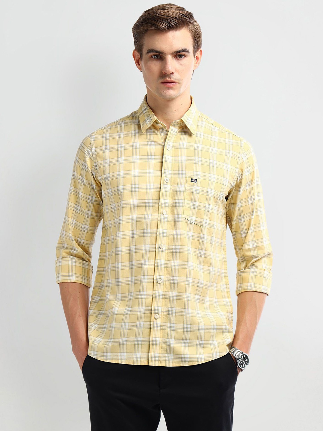 

Arrow Sport Men Spread Collar Checked Cotton Slim Fit Casual Shirt, Yellow