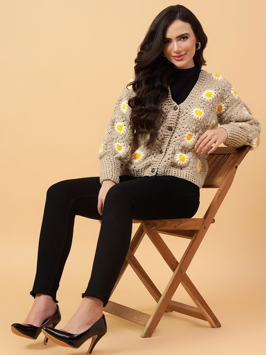 

Velvery Women Floral Cardigan with Applique Detail, Beige