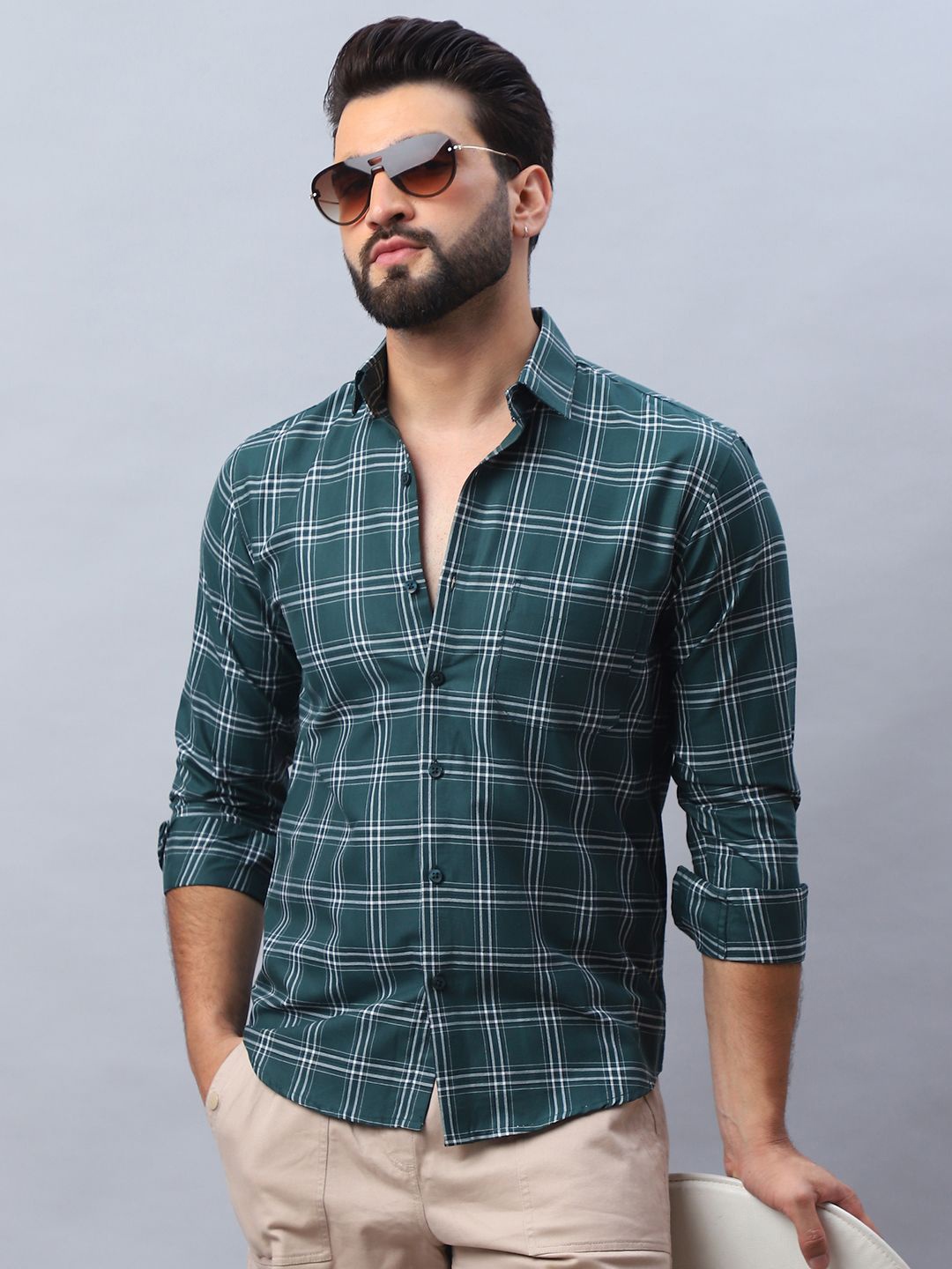 

Indian Needle Men Classic Tartan Checked Pure Cotton Casual Shirt, Green